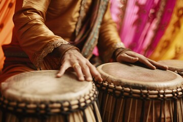 A close-up of a man engrossed in playing a set of classical Indian tabla drums, his hands moving gracefully and swiftly, while colorful silk drapes flutter gently in the background