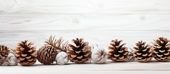 A festive background with a copy space image featuring pine and cypress cones along with twigs beautifully arranged on a white wood table for Christmas decoration - Powered by Adobe