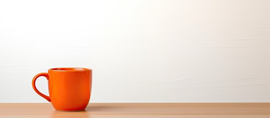 A copy space image of an orange cup sits on a wooden table standing out against a white background
