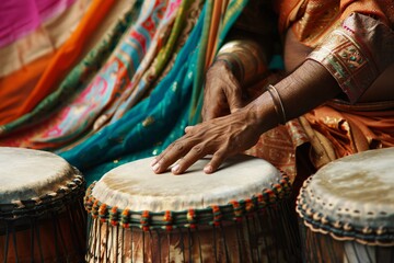 A close-up of a man engrossed in playing a set of classical Indian tabla drums, his hands moving gracefully and swiftly, while colorful silk drapes flutter gently in the background