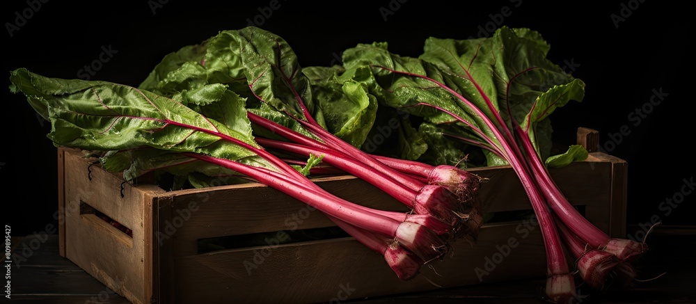 Poster a close up photo of fresh organic rhubarb with fleshy edible stalks arranged neatly in a wooden box 