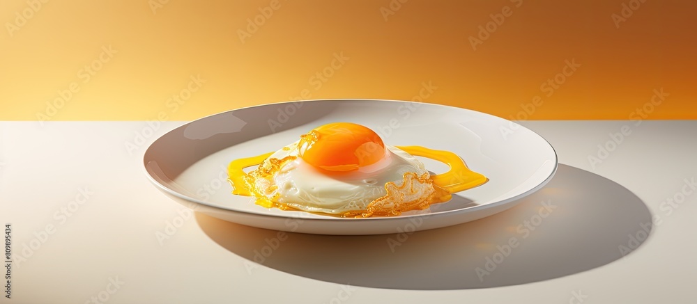 Poster A breakfast dish is presented on a white plate with soft shadows featuring a cooked chicken yolk in a crumpled form The image allows for copy space