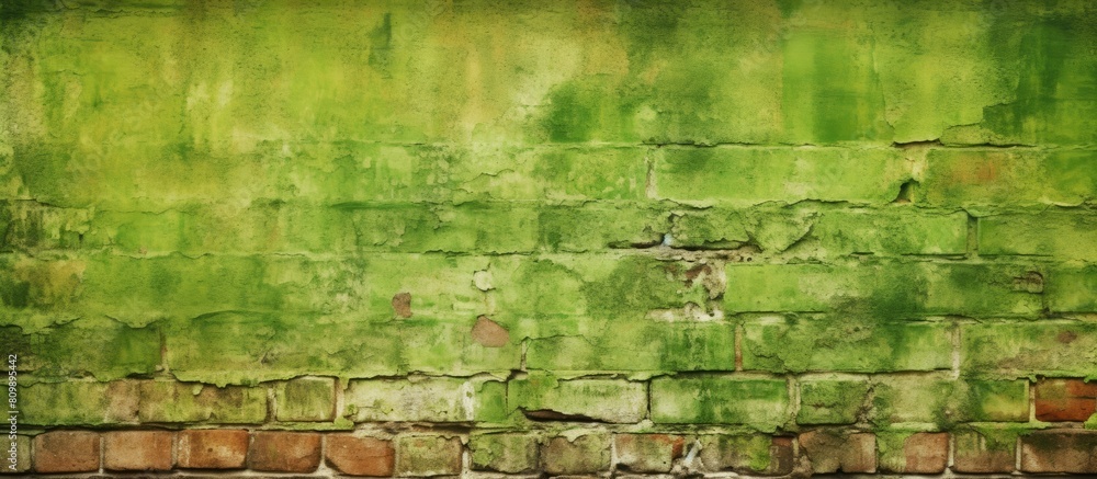Poster image of a stained brick wall texture with algae creating a captivating background with abundant cop