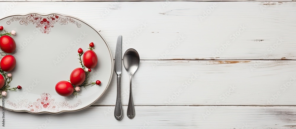 Poster A top down view of a plate with vintage silverware and red Easter eggs on a white shabby wooden table creating a visually appealing copy space image