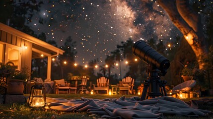 A cozy family evening spent stargazing in the backyard, with blankets spread out on the grass,...