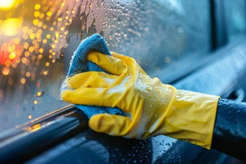 Close-up shot of hand cleaning car window with a microfiber cloth, soft natural light from a window