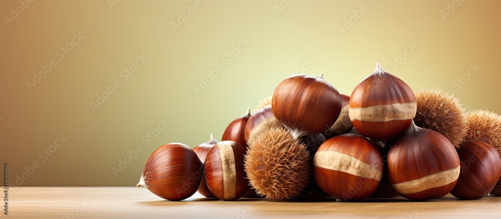Poster there is a copy space image of chestnuts an edible snack on the table which can be enjoyed as a meal