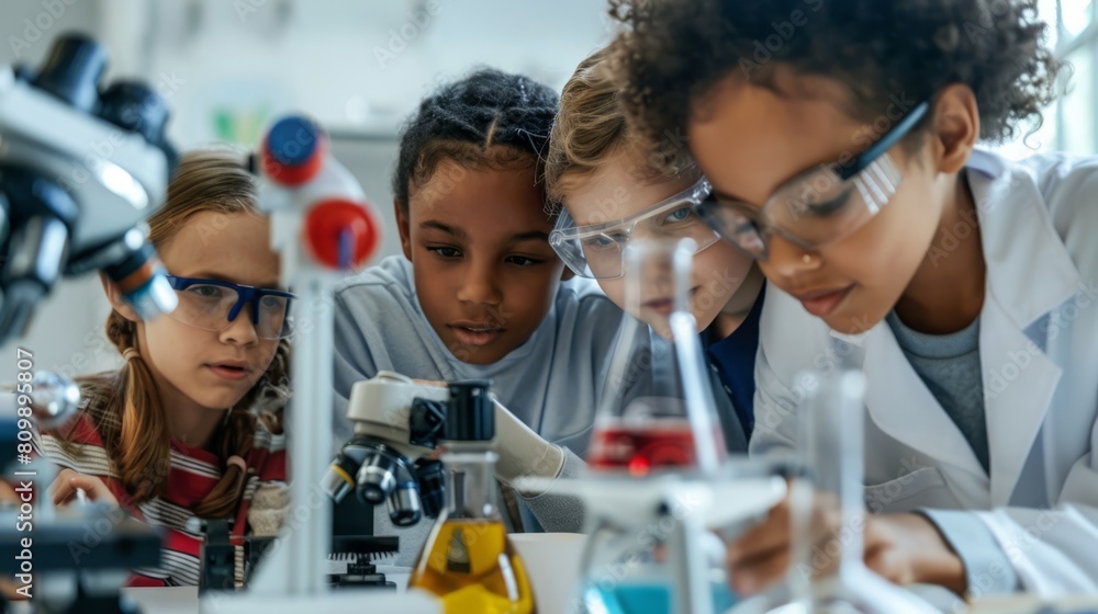 Poster children in a lab setting, looking intently at an experiment or demonstration.