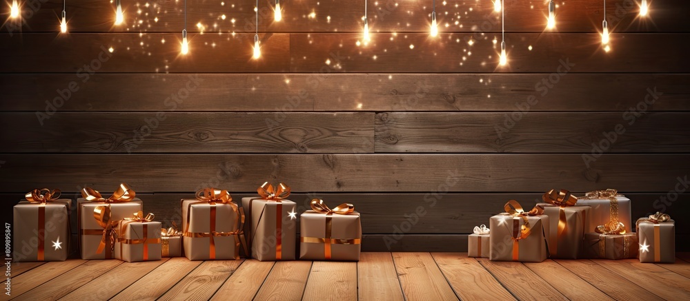 Aufkleber a festive backdrop with gift boxes is set against a beautiful brown backdrop made of vintage boards 