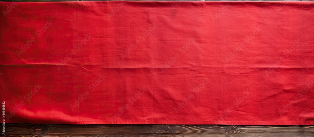 Fototapete an old wooden table is shown from above with a vibrant red tablecloth leaving an empty space for add