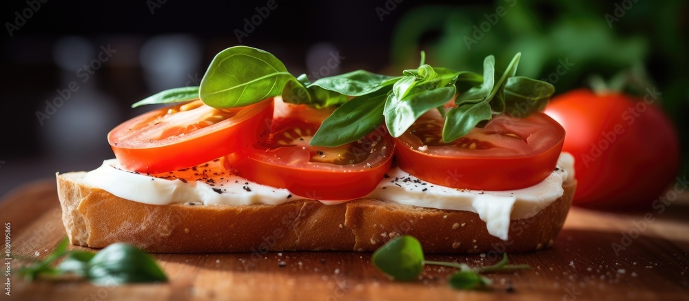 Fototapete a close up image of a sandwich with mozzarella and tomato with a shallow depth of field providing am