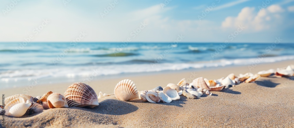 Poster Scenic summer beach background with seashells on sand providing copy space for text in the image