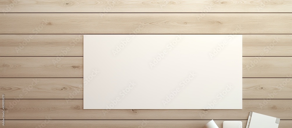 Poster blank stationery set with corporate identity mock up on light wooden background providing copy space
