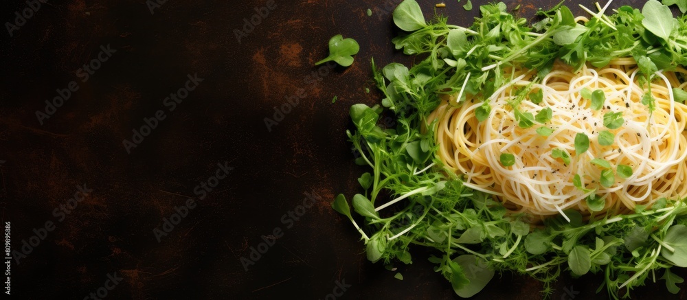 Poster A close up top view of spaghetti adorned with arugula and cheese in a copy space image