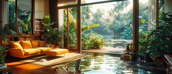 Tropical Resort with Luxurious Poolside, Green Palm Trees and Blue Water, Summer Vacation in Exotic Paradise