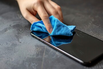 Close-up of hand using microfiber cloth to clean smartphone screen