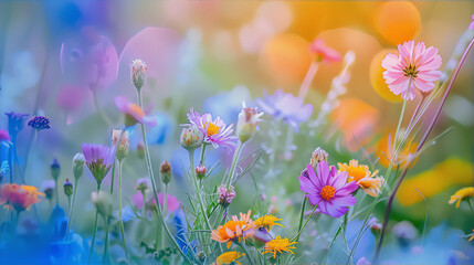 vibrant wildflowers in a sunlit meadow, petals in shades of pink, violet, orange and yellow, blurred background in soft pastel hues, conveying a sense of tranquility and joy, digital art, art deco