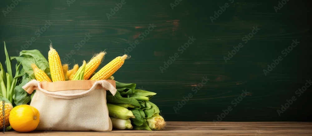 Aufkleber a copy space image featuring a wooden table displaying an eco bag filled with fresh corn and caulifl