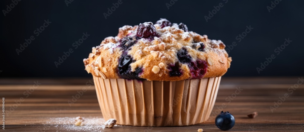 Poster a delicious blueberry muffin made with oats is displayed on a wooden background ready to be baked th
