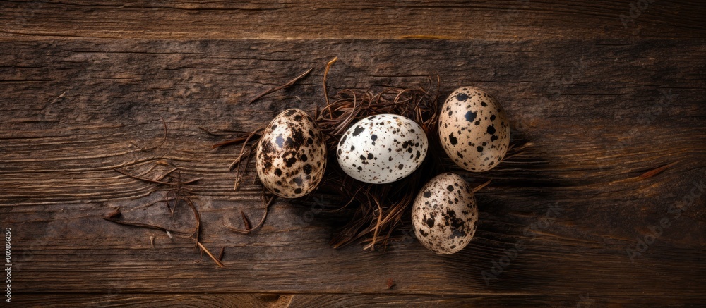 Aufkleber A top down view of quail eggs both intact and cracked placed on a rustic brown stone table The image includes a shadow and empty space for additional content Perfect for a banner or flat lay presenta