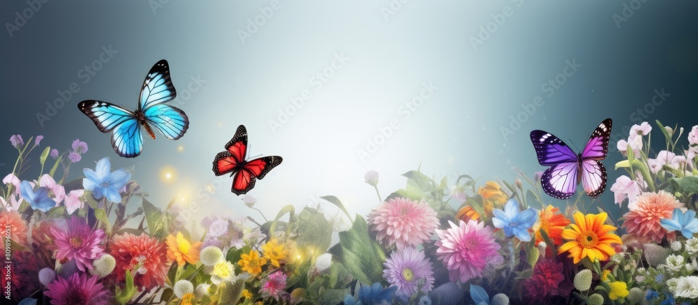 Poster An image of vibrant flowers and delicate butterflies in close proximity with ample copy space for text or additional visual elements