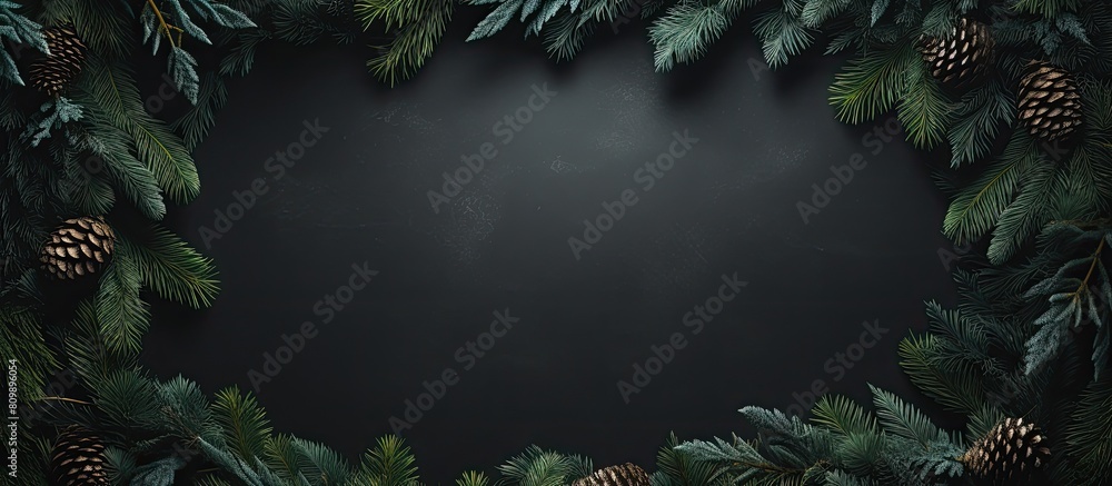 Poster The image features a top view of Christmas fir tree branches creating a frame against a slate background with ample copy space