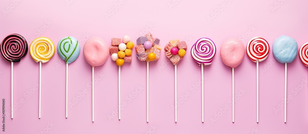 Poster A delectable assortment of lollipops arranged on a delightful pink background with the items placed neatly to create a flat lay composition Ample copy space is available for adding text