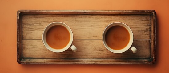 A vintage tray displays two cups of coffee leaving space for copying. Creative banner. Copyspace image