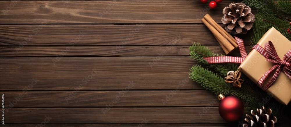Poster top view image of a christmas greeting card featuring a beautifully arranged present box gifts fir t
