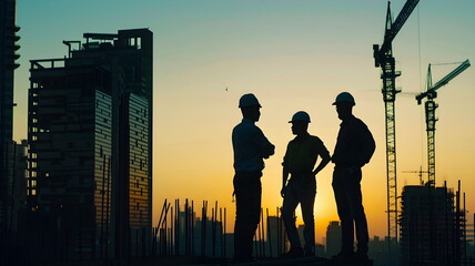 Silhouette of construction workers standing on a building during sunset