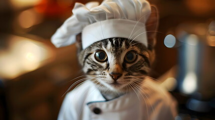 ortrait of a cat wearing a chef suit and hat