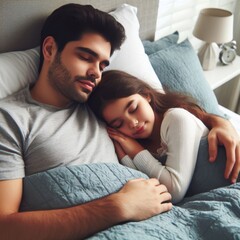 A loving father cuddles his daughter in bed, creating a cozy moment before sleep. Peaceful scene of a father and daughter sleeping soundly in a comfortable bedroom. generative AI