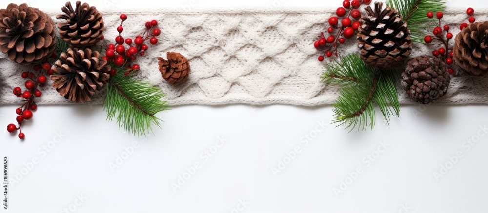 Aufkleber a festive christmas themed arrangement featuring a knitted blanket pine cones and fir branches on a 