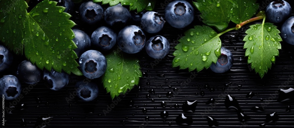 Poster from above a collection of fresh blueberries and black berries are displayed on a wooden table green
