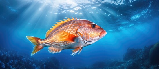 A Bengal snapper with vibrant colors and a fierce expression swims gracefully in the crystal clear ocean creating a stunning copy space image