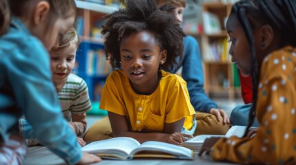 Several children are gathered around a book, sitting on the floor together in a circle, engaged in reading and discussing the story.