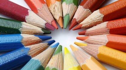 Naklejka premium Color pencils arranged in color wheel order on a clean white background for art and design