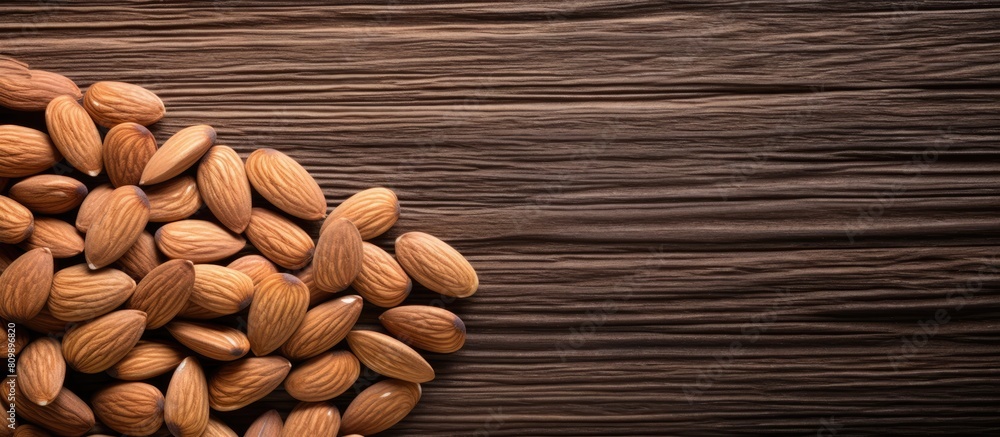 Poster copy space image of almonds arranged on a rustic wooden table