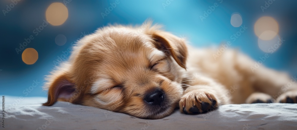 Poster The image portrays a small adorable puppy peacefully sleeping in the frame surrounded by empty space. Creative banner. Copyspace image