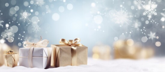 Blurred winter background with snowflake themed Christmas gifts Copy space image available for your own decoration