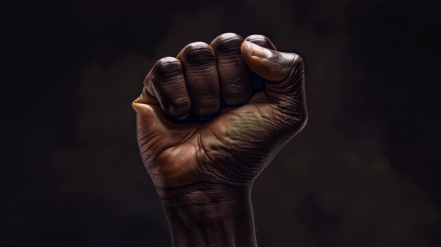 A powerful black fist raised high against a dark background conveys strength and resilience. 
 - Powered by Adobe