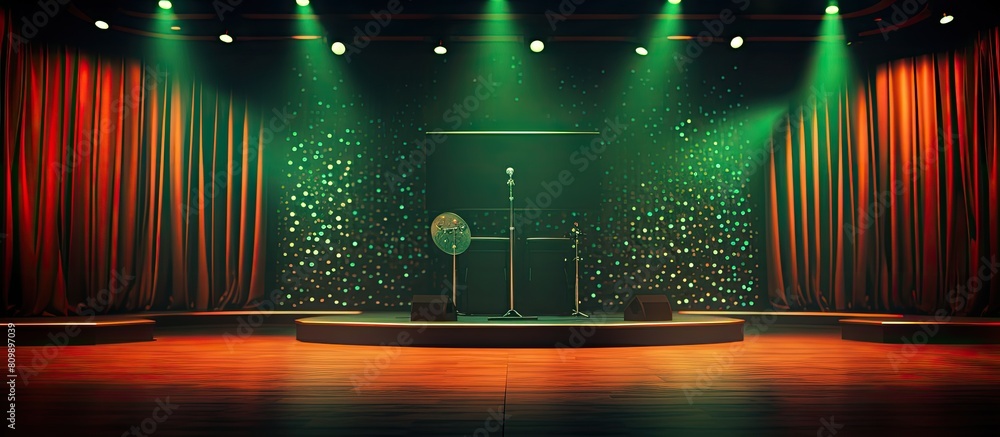 Poster blurry party stage with microphone in foreground includes the phrase copy space image