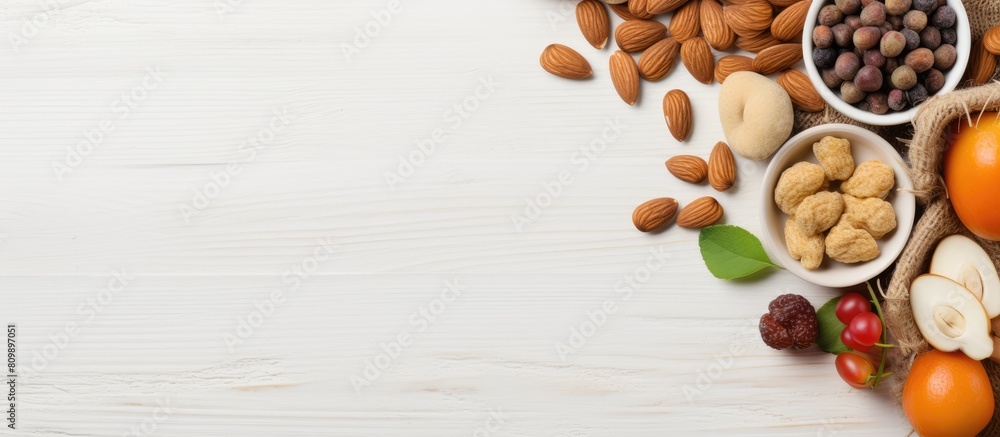 Poster a top down copy space image of a beige table with an almond frame showcasing healthy food
