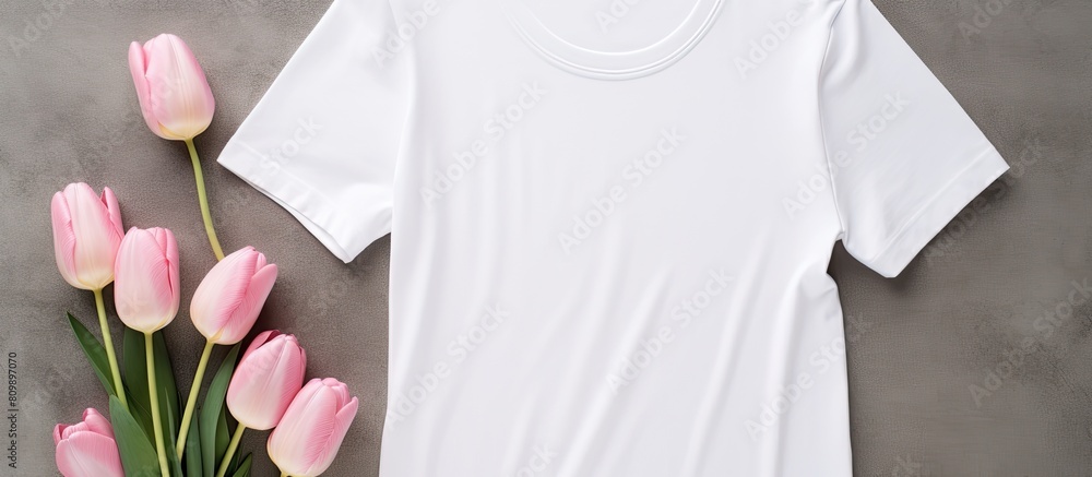 Aufkleber top view flat lay copy space image of a white women s cotton t shirt mockup featuring pink tulip flo