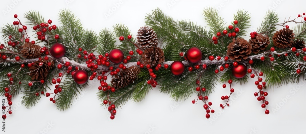 Poster a festive christmas fir tree adorned with spruce branches red ornaments and red barberry berries the