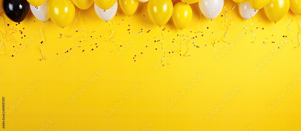 Poster The party theme is brought to life with vibrant balloons confetti and a yellow background creating a top down frame with plenty of copy space image