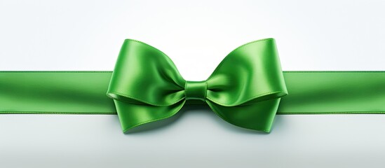 A green bow stands alone on a white background leaving plenty of copy space in the image