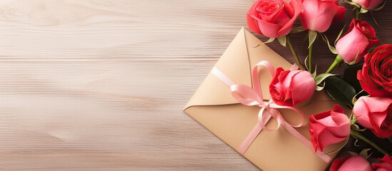 A beautiful Valentine s day copy space image featuring a bouquet of stunning roses and a love letter envelop