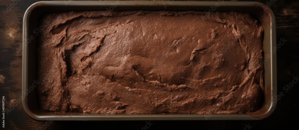 Poster baking a homemade chocolate cake or brownie with a basic raw dough in a baking pan ready to be cooke
