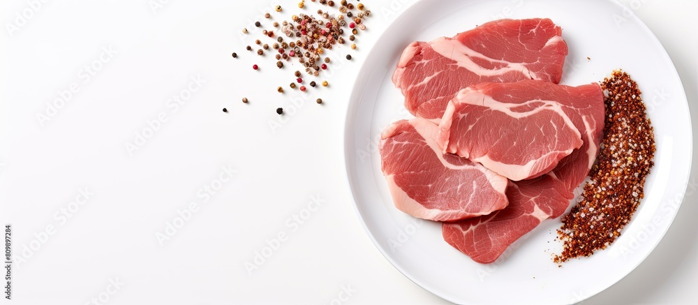 Poster copy space image of a ceramic plate with flakes spices on a white putty background featuring raw org